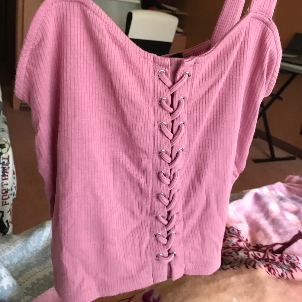 Forever 21 Pink Ribbed Lace Up Crop Top